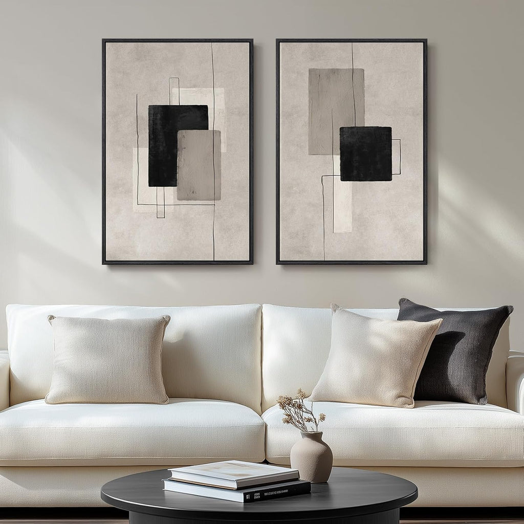 Skiennix Large Framed Neutral Abstract Wall Art - Set of 2 Black & Beige Canvas Prints | 24x36 In Minimalist Decor