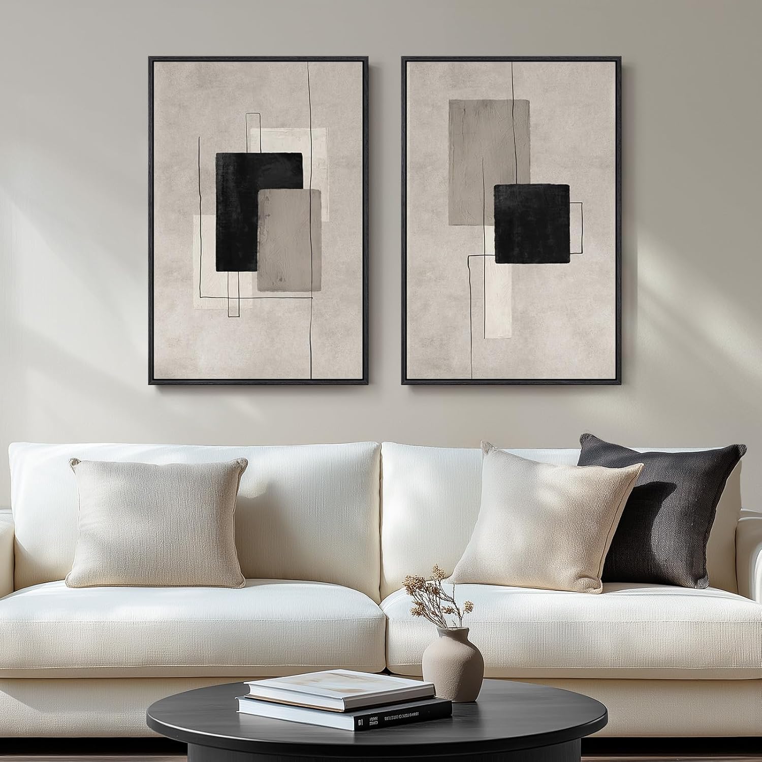 Skiennix Large Framed Neutral Abstract Wall Art - Set of 2 Black & Beige Canvas Prints | 24x36 In Minimalist Decor