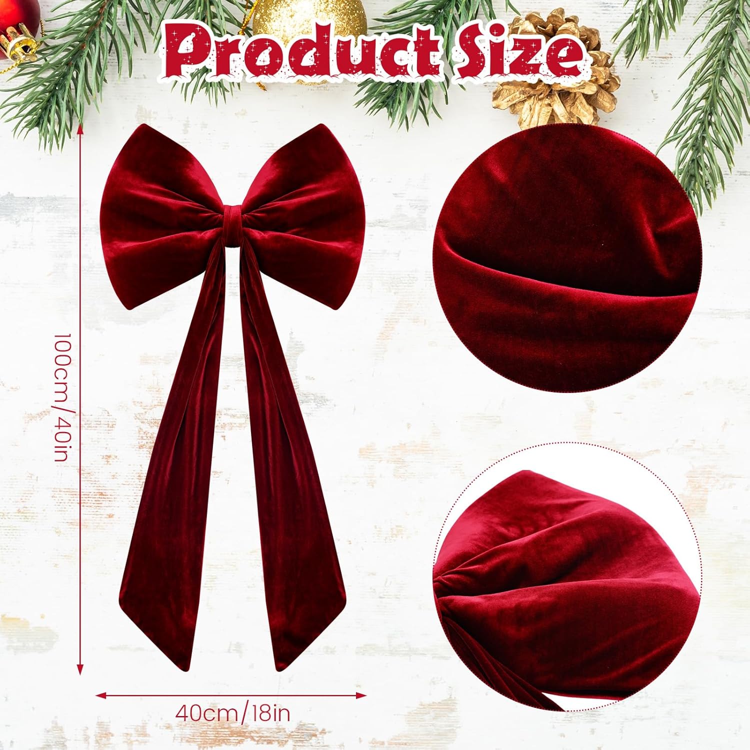 Skiennix 40x18 Inch Large Velvet Red Bow - Stunning 3D Tree Topper & Party Backdrop Decor (Wine Red)