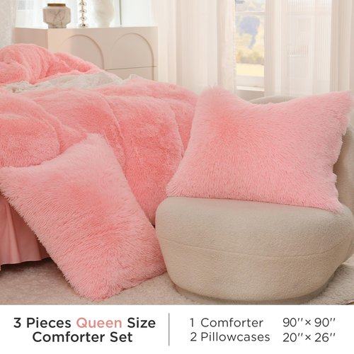 Litanika Pink Fluffy Comforter Queen Size, Luxury Shaggy Faux Fur Bedding Cute for Women Girls, Ultra Soft Velvet Fuzzy Queen Bed Set 3 Pieces(1 Plush Comforter 90×90 Inch, 2 Pillowcases)