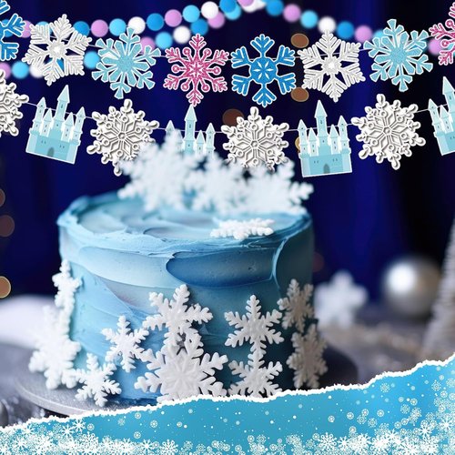 Fanfanwin Snowflake Birthday Banner - 5 Pcs Blue Snowflake Design with Felt Castle Decor | Winter Holiday Party