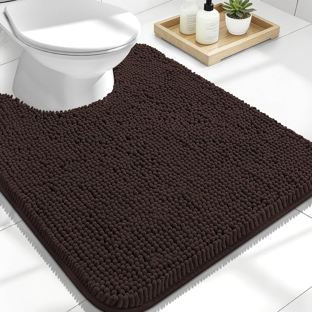 OLANLY U-Shaped Toilet Rug - Extra Soft, Absorbent Chenille Bath Mat | 24x20, Quick-Dry, Non-Slip, Brown