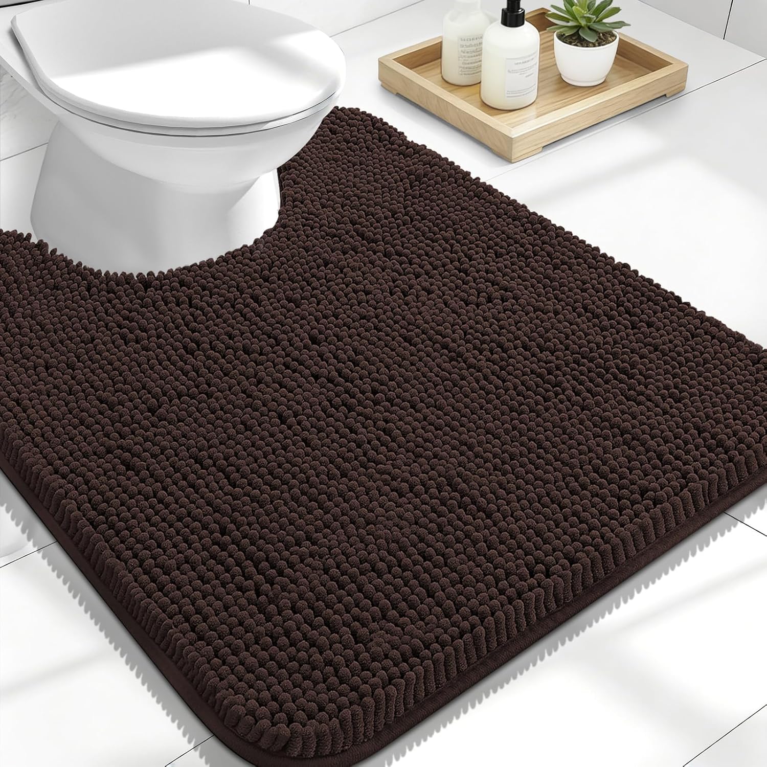 OLANLY U-Shaped Toilet Rug - Extra Soft, Absorbent Chenille Bath Mat | 24x20, Quick-Dry, Non-Slip, Brown