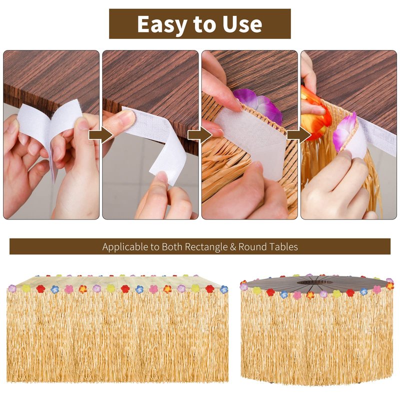 3 Packs Hawaiian Luau Grass Table Skirt 108 x 30 Inch Tropical Hibiscus Luau Party Decorations Brown Hawaiian Table Skirts for Moana Themed Events, Birthday