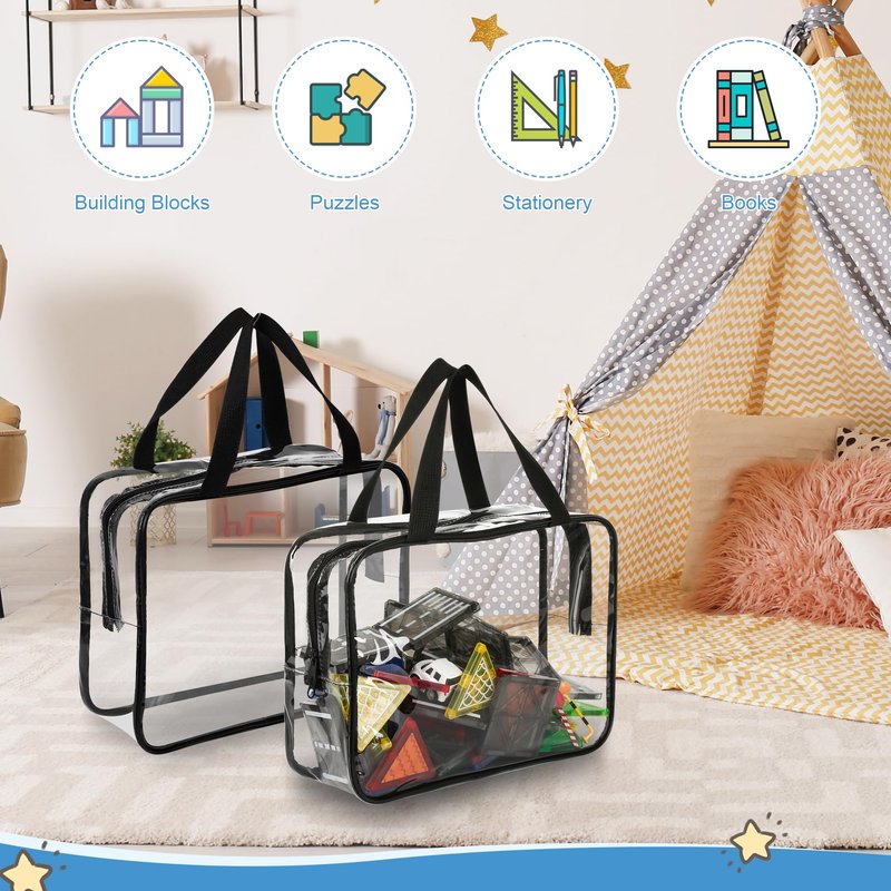 SUPXYC 8PCS Toy Storage Bags, Reusable Clear PVC Board Game Storage, Clear PVC Toy Organizer Bags with Zipper & Labels, for Organizing Puzzles, Building Blocks, Board Game, Kids Books (Black)