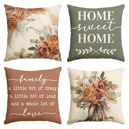AVOIN colorlife Home Sweet Home Terracotta Sage Throw Pillow Covers, 20 x 20 Inch Seasonal Fall Eucalyptus Floral Motto Cushion Case for Sofa Couch Set of 4