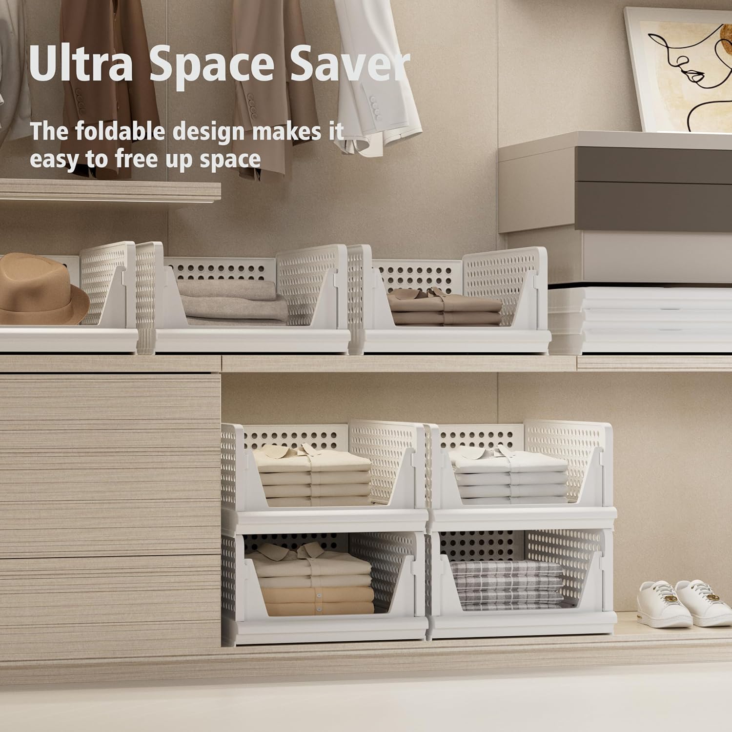 Proarea Stackable Storage Bins - 5 Pack Foldable Closet Organizer Baskets for Clothes | White