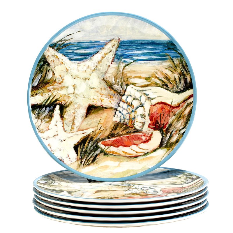 Seacoast Melamine Dinner Plates Set of 6 – 11" Coastal Shell and Starfish Beach-Themed Plates, Reusable Ocean-Inspired Break-Resistant Dinnerware, BPA-Free, Dishwasher Safe for Outdoor Use