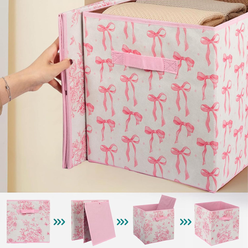 Skiennix Pink Floral Cube Storage Bins - 6 Pcs 12.5 Inch Collapsible Organizer Baskets for Home & Office