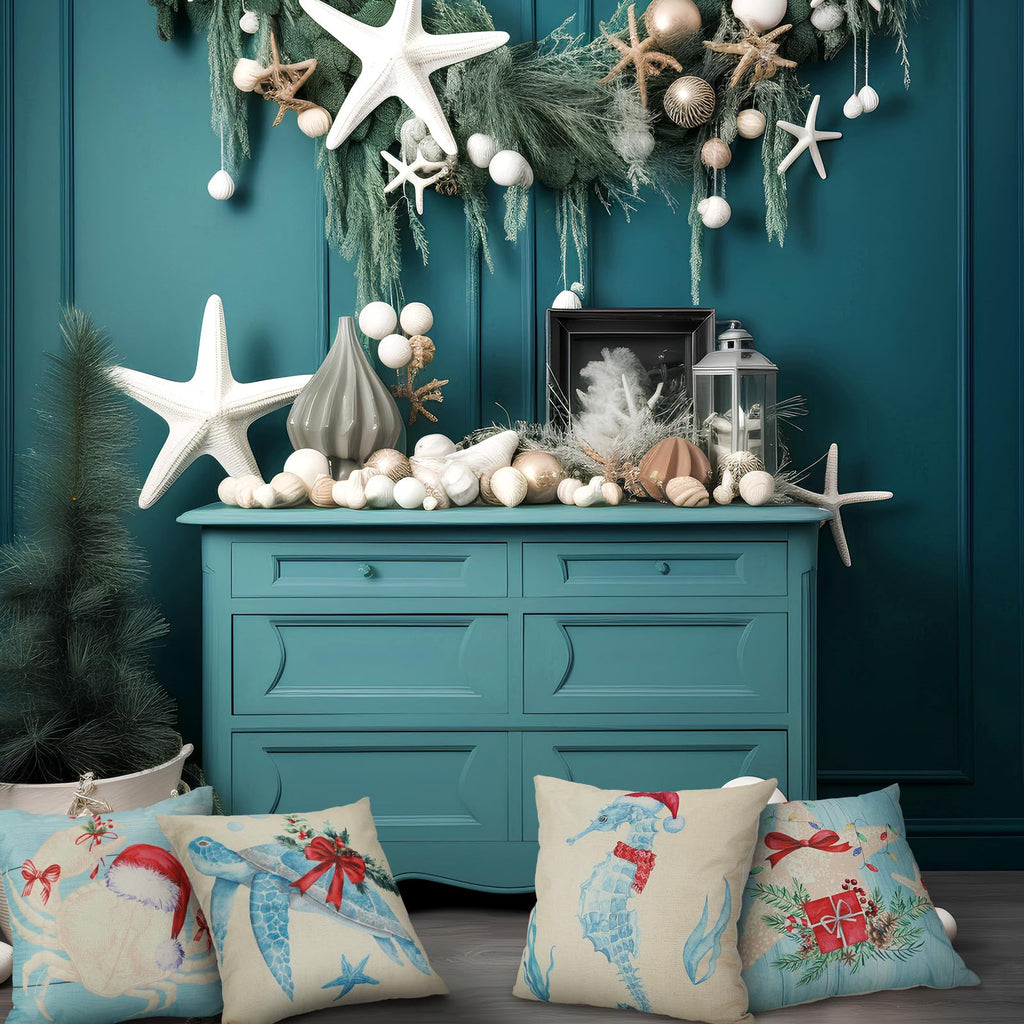 HunnmingRe 4 Pcs Christmas Sealife Coastal Pillow Covers Coastal Christmas Decoration Linen Throw Pillow Covers Sea Ocean Nautical Decorative Pillowcase for Couch Outdoor Sofa Living Room(18 Inch)