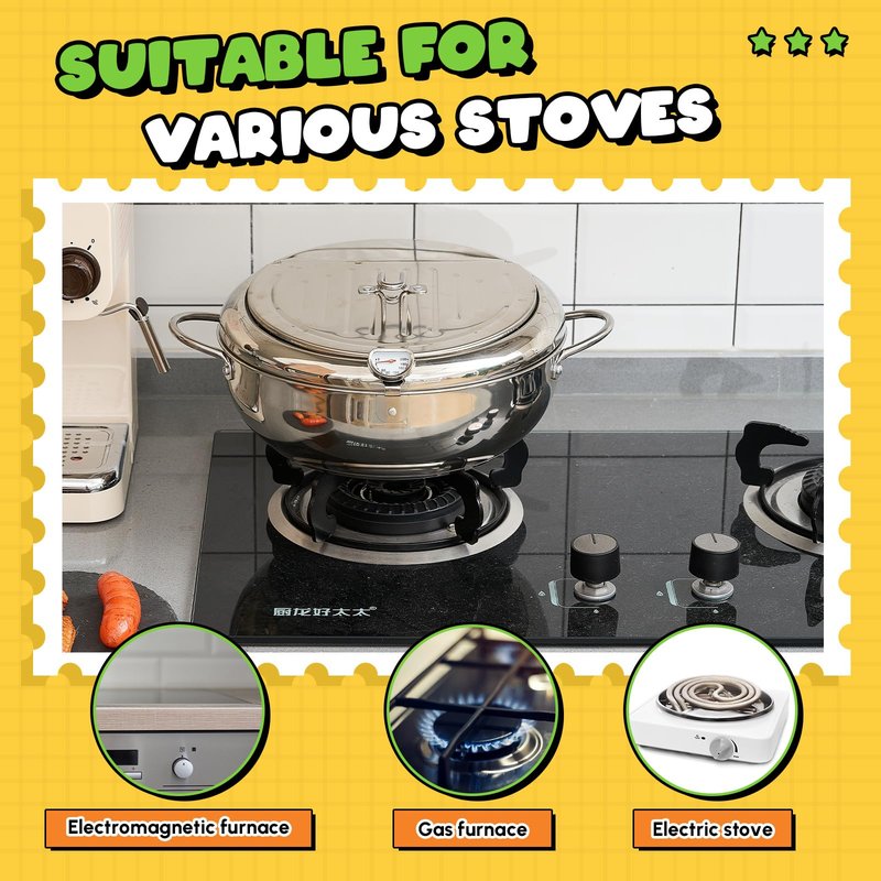 Reallnaive 3.6 Qt (3.4 L) Deep Fryer Pot 304 Stainless Steel Tempura Frying Pot with Lid and Oil Drain Rack Japanese Deep Fryer Pan with Temperature Control for Kitchen French Fries, Chicken