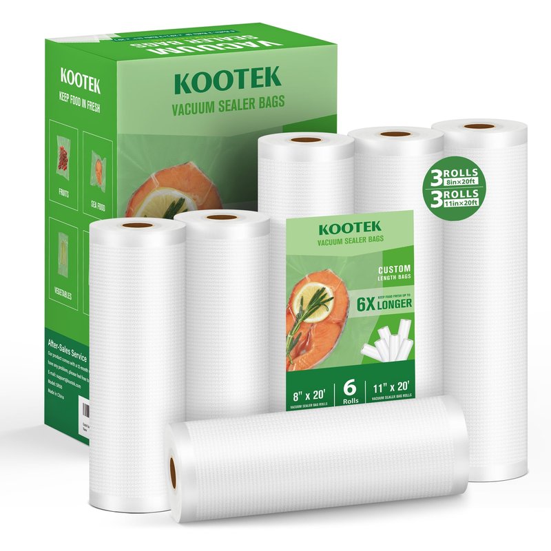 Kootek Vacuum Sealer Bags for Food, 6 Rolls for Custom Fit Food Storage, Meal Prep or Sous Vide, 8" x 20' (3 Rolls) and 11"x 20' (3 Rolls) Commercial Grade Vacuum Seal Freezer Bags Rolls