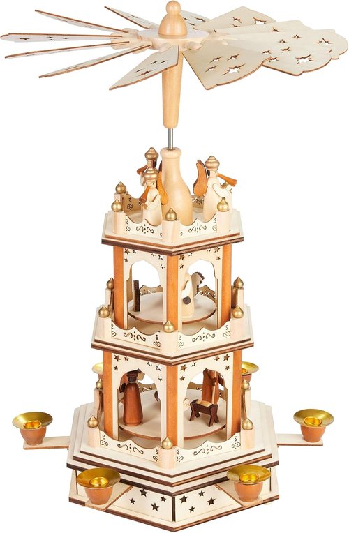 BRUBAKER Christmas Pyramid - 3-Tier Rotating Wooden Candle Holder - 18-Inch Hand-Painted Decoration - Brown