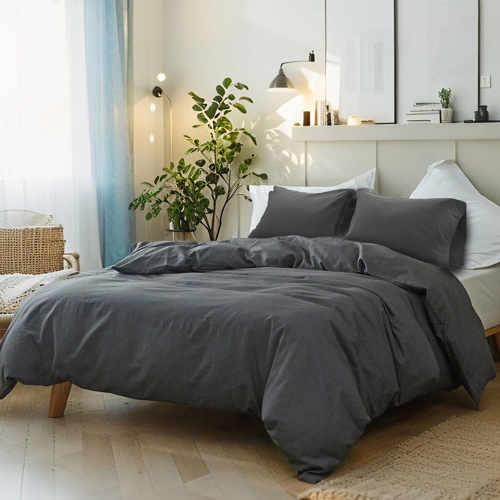 FALUCA French Linen Duvet Cover Set 3-Piece Queen (88"x92") - Soft & Comfortable Linen-Cotton Blend, Breathable Farmhouse Bedding for All Seasons& Luxury Home Decor, Dark Grey/Charcoal