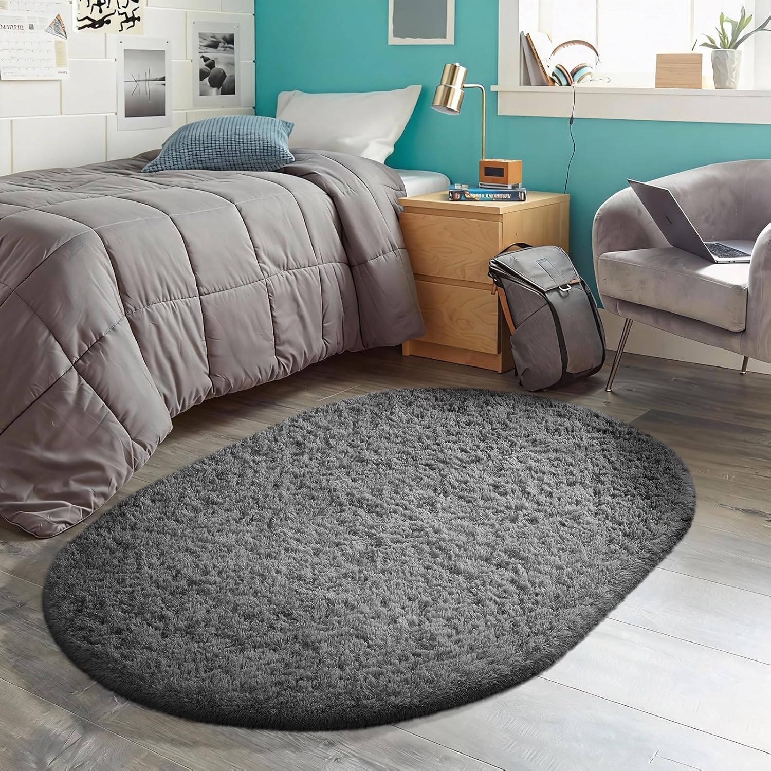 Ophanie Oval Area Rug - Non-Slip 3x5 Grey Carpet for Bedroom & Dorm Decor | Fluffy & Aesthetic