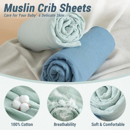 Bailix Heavyweight Muslin Baby Crib Sheets - 2-Pack Neutral Fitted 100% Organic Cotton | Breathable Softness (Blue & Light Green)