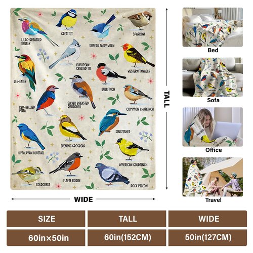 HEIFAM Bird Alphabet Blanket, Bird Gifts for Men Women, Easily Distracted by Birds Print Blanket Colorful, Birthday Gift for Boys Girls, Kingfishers Rock Pigeon House Sparrow Birds, 50''x60''