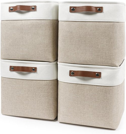 Bagnizer Collapsible Fabric Storage Cubes - 11x11 Organizing Bins, 4 Pack for Home & Office (Beige & White)