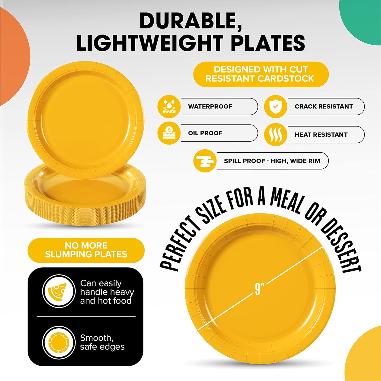 Skiennix Yellow Disposable Paper Plates - Heavy Duty 9-Inch, 100 Pcs for Parties & Birthdays