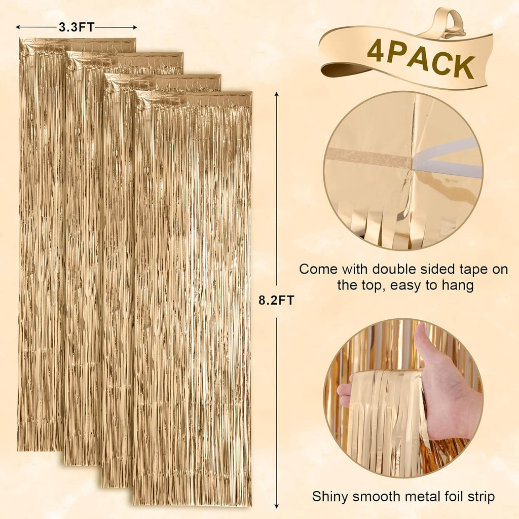Voircoloria 4 Pack Champagne Foil Fringe Backdrop Curtains - Tinsel Streamers for Parties & Events