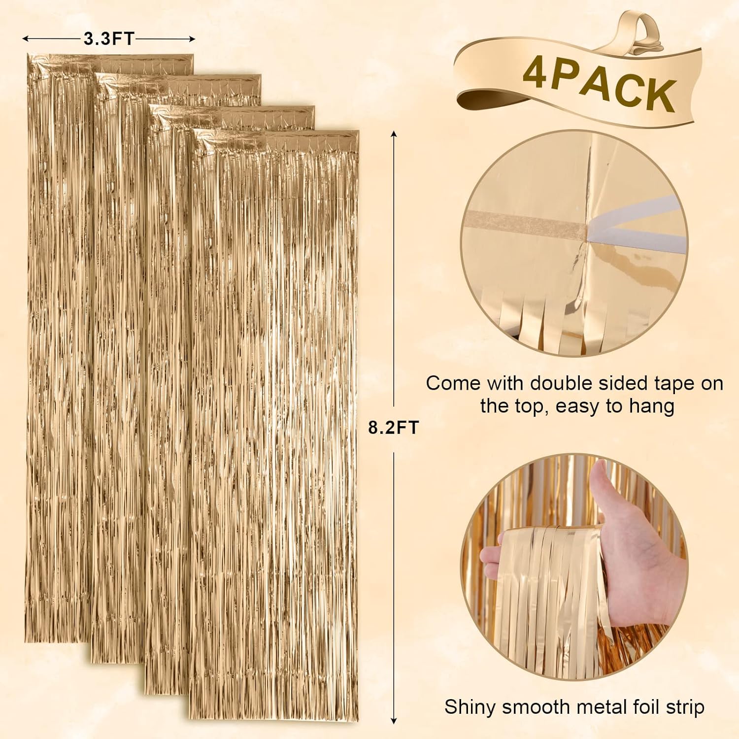 Voircoloria 4 Pack Champagne Foil Fringe Backdrop Curtains - Tinsel Streamers for Parties & Events