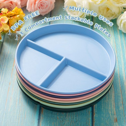 16 Pcs 9 Inch Unbreakable Divided Plates for Kids Adult Dishwasher Microwave Safe 3 Compartment Plates Lightweight Healthy Plastic Reusable Dinner Plate for Child Dishes(Multi Colors)