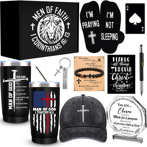 10 Pcs Christian Gifts for Men Faith, Inspirational Religious Gifts, Catholic Gift with 20 Oz Tumbler Bible Verses Crystal Plaque Hat Socks Bracelet Keychain for Husband, Dad, Grandpa, Friends