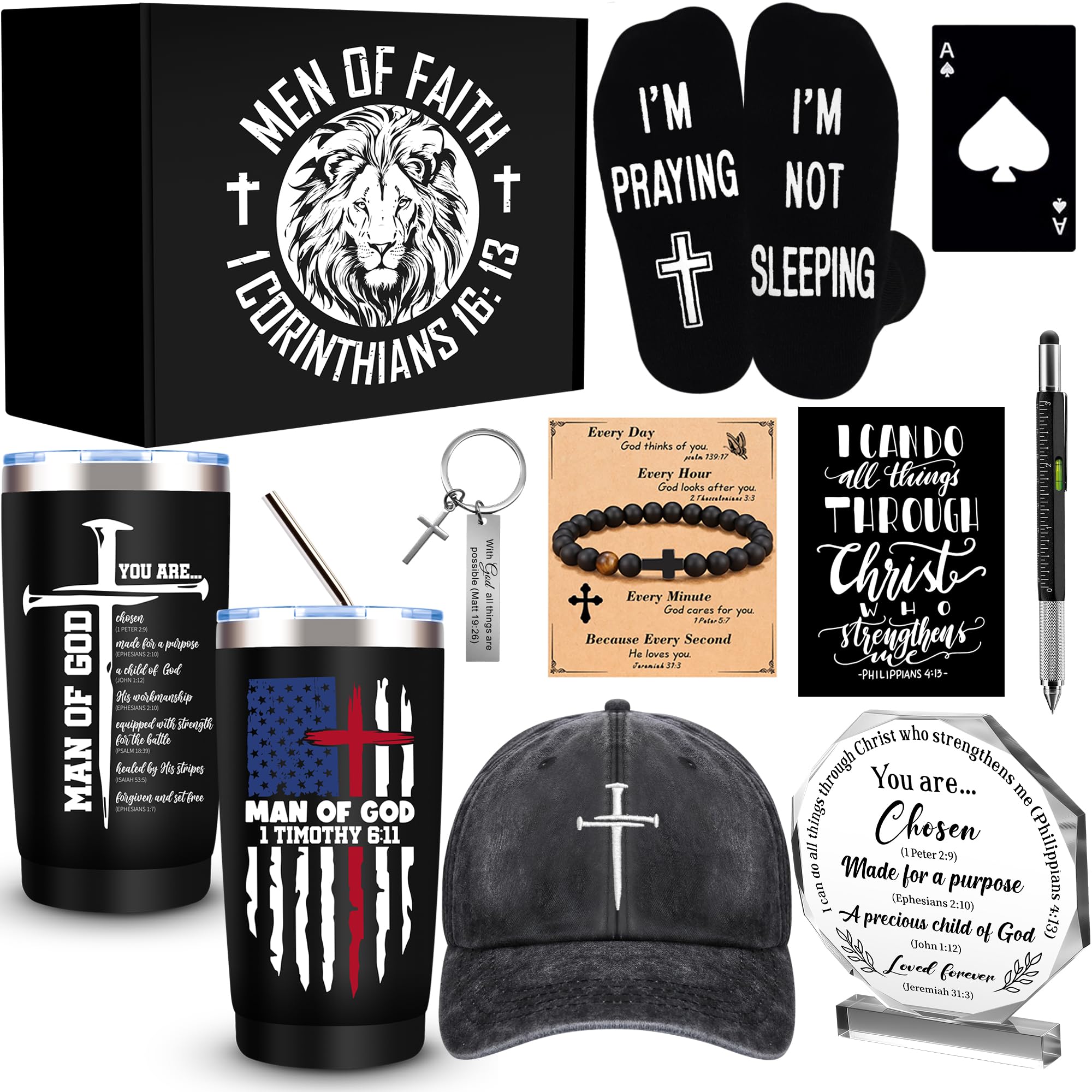 10 Pcs Christian Gifts for Men Faith, Inspirational Religious Gifts, Catholic Gift with 20 Oz Tumbler Bible Verses Crystal Plaque Hat Socks Bracelet Keychain for Husband, Dad, Grandpa, Friends
