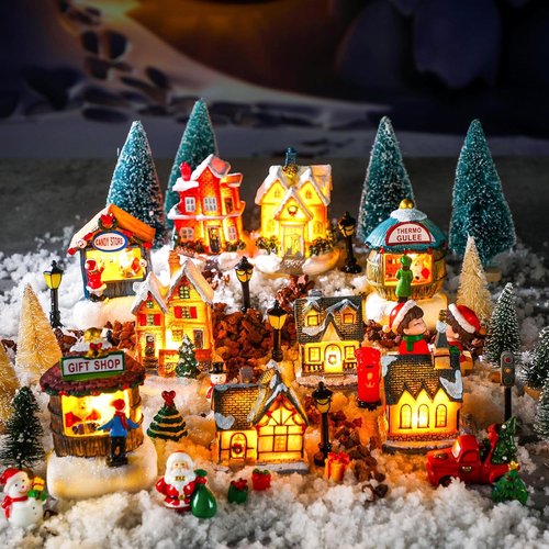 Kasyat 58 Pcs Christmas Village Set - Miniature LED Figurines & Houses for Winter Decor