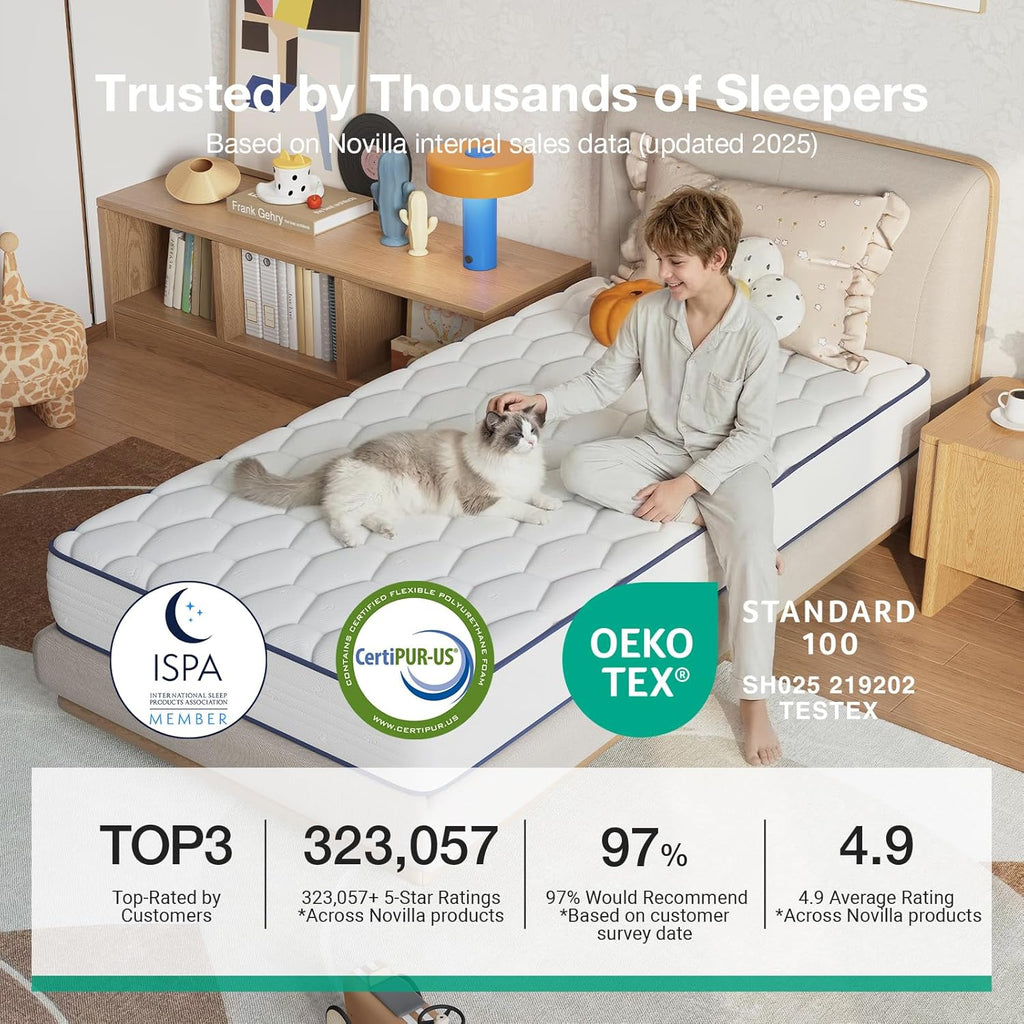 Novilla 6 Inch Twin Mattress - Bonnell Spring Hybrid for Spine Support & Cooling Comfort | CertiPUR-US Certified