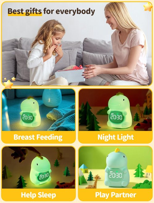 Dinosaur alarm clock Night Light, Toddler Sleep Training Clock with Sun & Moon,ok to wake clock for kids & Sleep Trainer. Dinosaur Night Light with White Noise Sleep,Gift Ideas for Kids Child