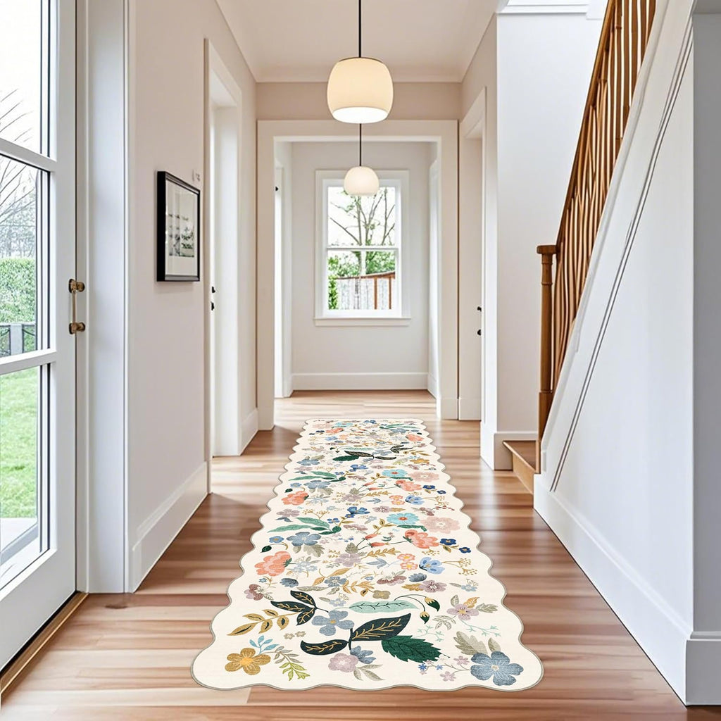 Skiennix 3x10 Washable Hallway Runner Rug - Soft Floral Scalloped Design | Non-Slip, Water Resistant, Cream