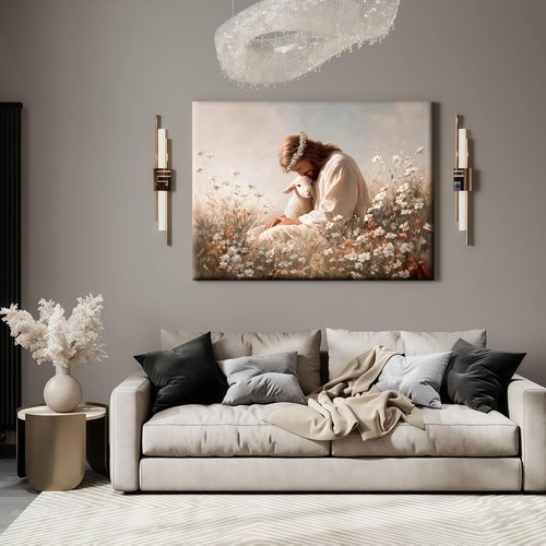Jesus and the Lamb Canvas Wall Art - Christian Decor for Bedroom & Living Room | Framed Religious Print