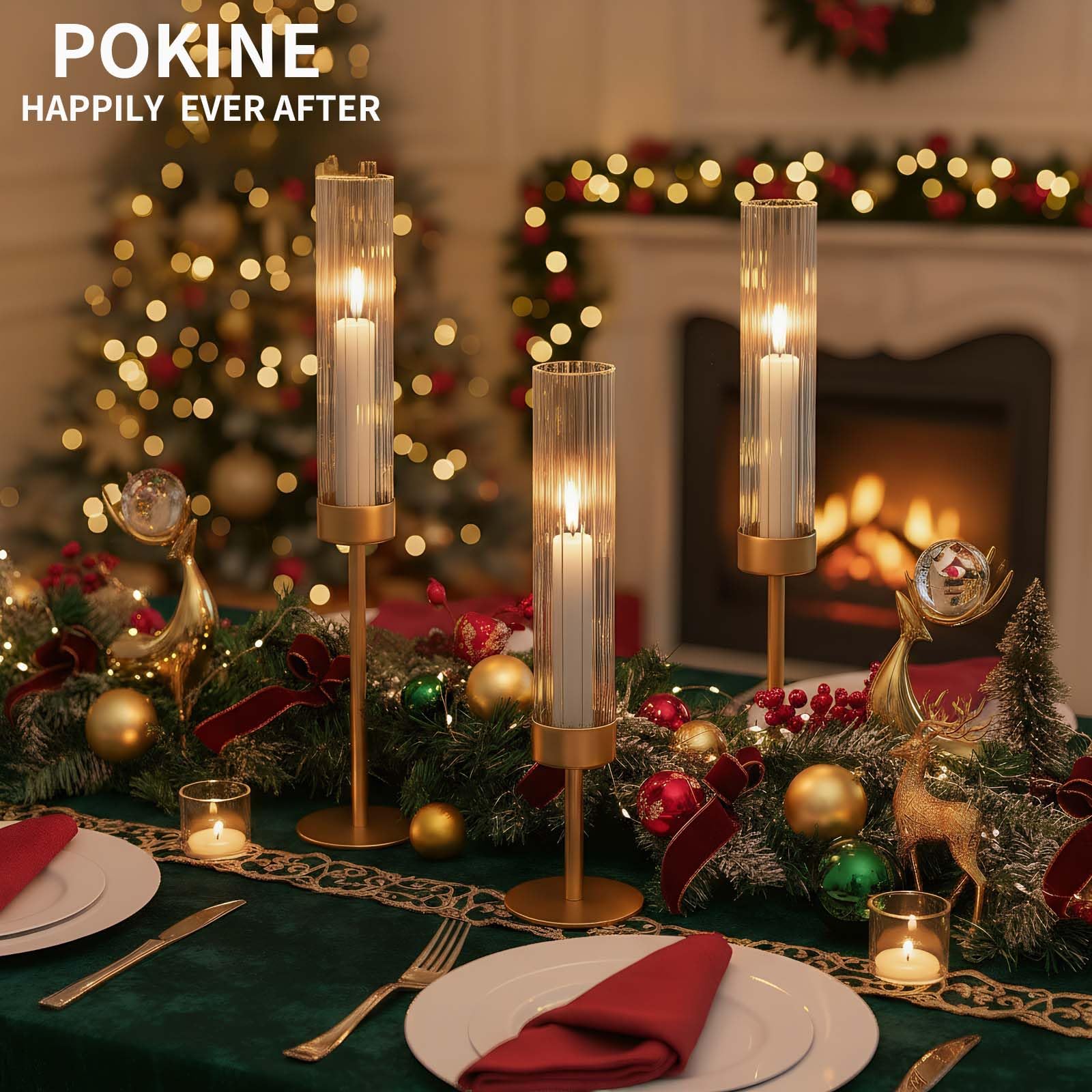 POKINE Tall Hurricane Candle Holders Set of 6, Gold Glass Taper Candlestick Holders for Wedding, Christmas, Dining Table, Party & Home Decor