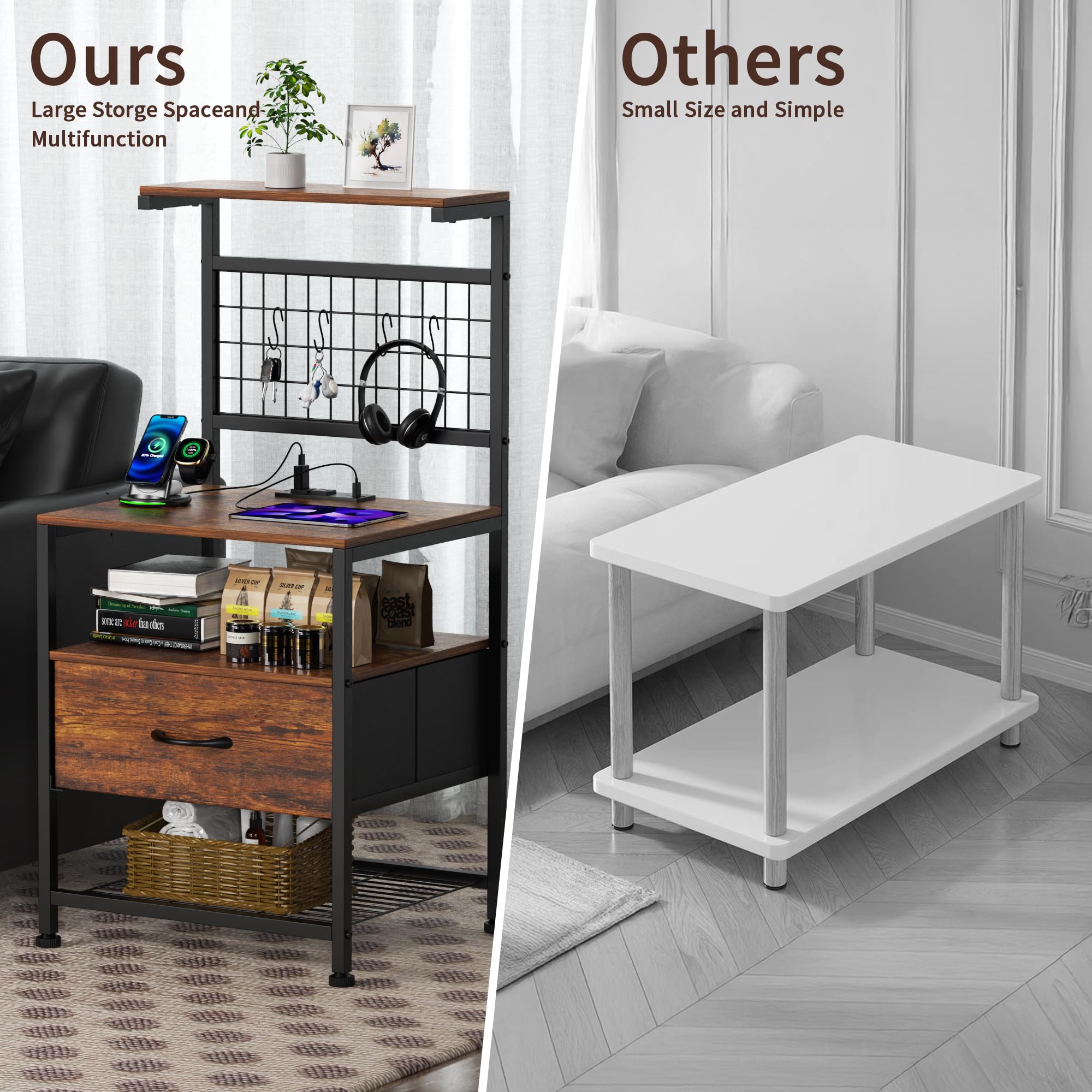 Aetheris Night Stand with Charging Station and LED Lights, End Table with Drawers and Storage Shelves, NightStand with Storage Shelf & Hooks, Night Stand for Bedroom, Rustic Brown