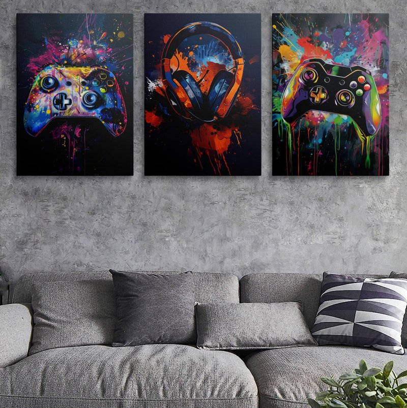 Stylish Gaming Room Decor For Boys - Cool 3pc Canvas Wall Art With Graffiti & Neon Vibes - Perfect Gamer Wall Decor For Teens, Men & Gamers - Awesome Gifts For Bedroom, Desk Or Bathroom Ready To Hang (16"x24"x3PCS)