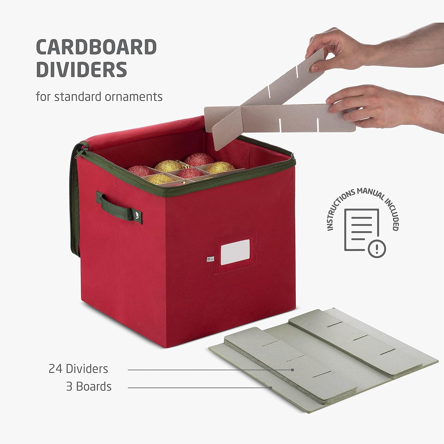 ZOBER Christmas Ornament Storage Box - Holds 64 3-Inch Ornaments with Dividers - Durable Red Organizer