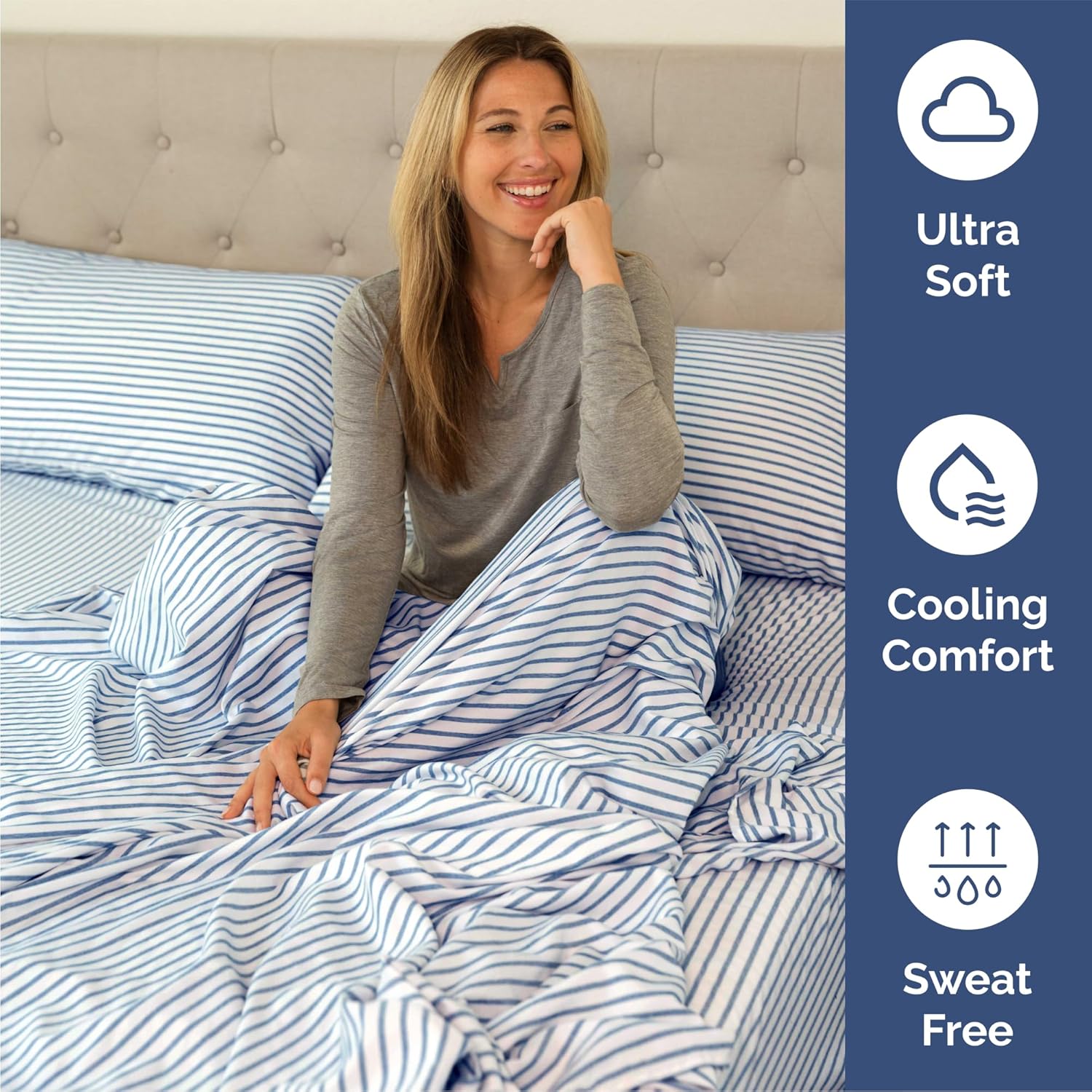 Skiennix Queen Size Sheet Set - Comfy Cooling Bed Sheets | Luxury Hotel Quality - Deep Pockets, Soft, Wrinkle-Free - Blue Stripes