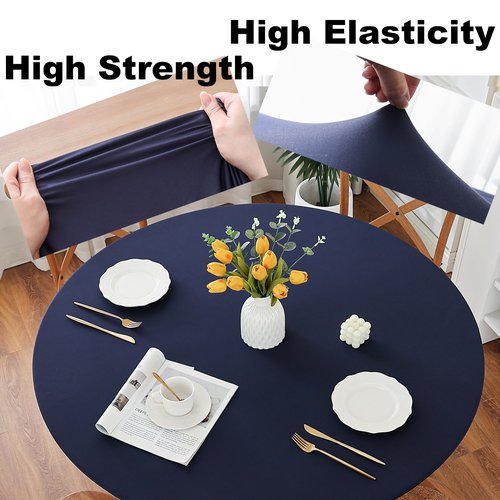 Limalred Fitted Spandex Round Tablecloth, Soft Skin Friendly Non Pilling Breathable Fabric Table Cover with Elastic Band for Dining Gathering Party Banquet Decoration 48 Inch Navy Blue