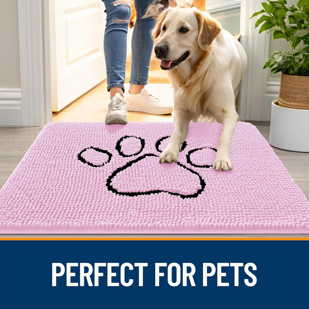 OLANLY Dog Door Mat - Absorbent Non-Slip Muddy Paws Design | 36x24 Pink Chenille Doormat