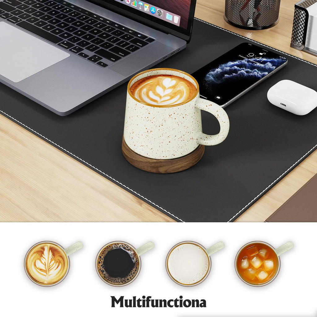 Bulete 12 oz Ceramic Coffee Mug with Walnut Coaster Lid, Ceramic Porcelain Coffee Cup Tea Cup for Office and Home, Dishwasher and Microwave Safe (Beige)