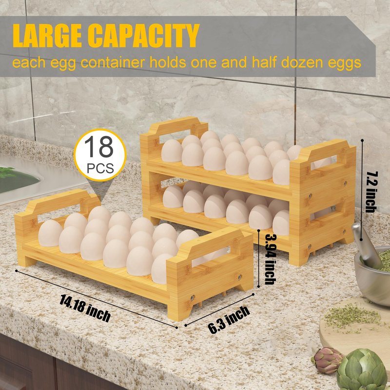 Bamboo Egg Holder Countertop - Stackable Design for Fresh Eggs, Farmhouse Egg Tray Storage Display Rack, Kitchen Counter Top Organizer Wooden Egg Stand, Fits Quail, Duck, Turkey, Chicken Eggs (Modern)