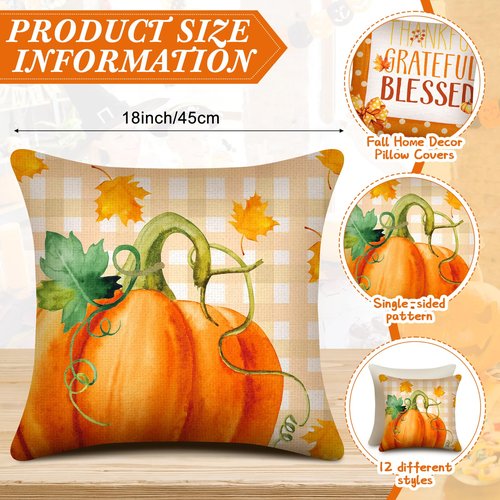Flutesan 12 Pcs Fall Pillow Covers 18 x 18 Inch Hello Pumpkin Autumn Thanksgiving Decorations Throw Pillow Covers Square Cushion Case for Couch Sofa Outdoor Indoor Home Decor