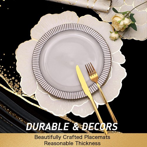 FAVE Golden Placemats Set of 8 Gold Floral Round Placemats, Reusable Vinyl Table Mats for Wedding Banquet Party, Metallic Shiny Placemats for Restaurant & Birthday Decor (Golden Peony, 8PCS)