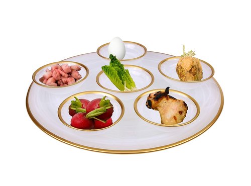 Classic Touch Decorium Alabaster White Seder Plate with gold rim and 6 Mini Removable Bowls 12.75" D X 4.25" H - Passover Holiday Kaarah Pesach Tray