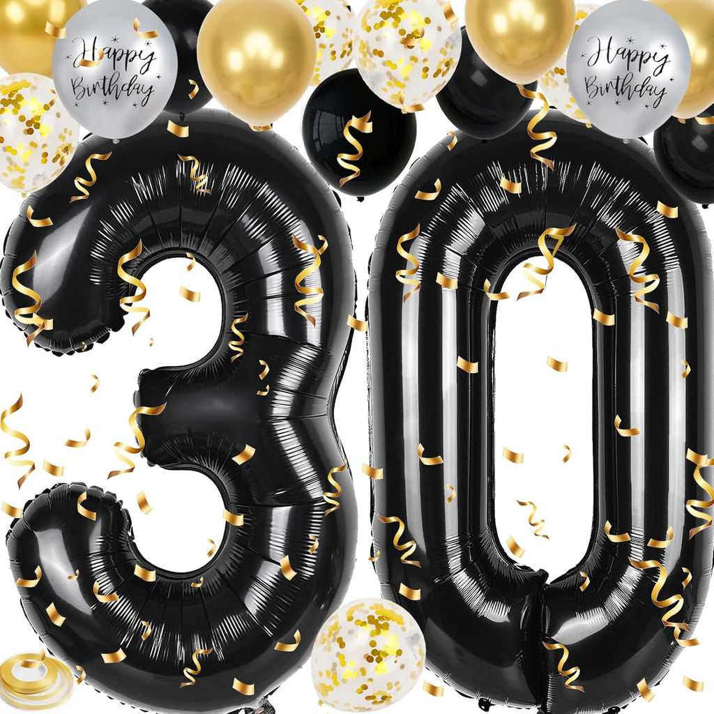Skiennix 30th Birthday Decorations - 40-Inch Number Balloons & 18 Pcs 12-Inch Balloons for Men & Women