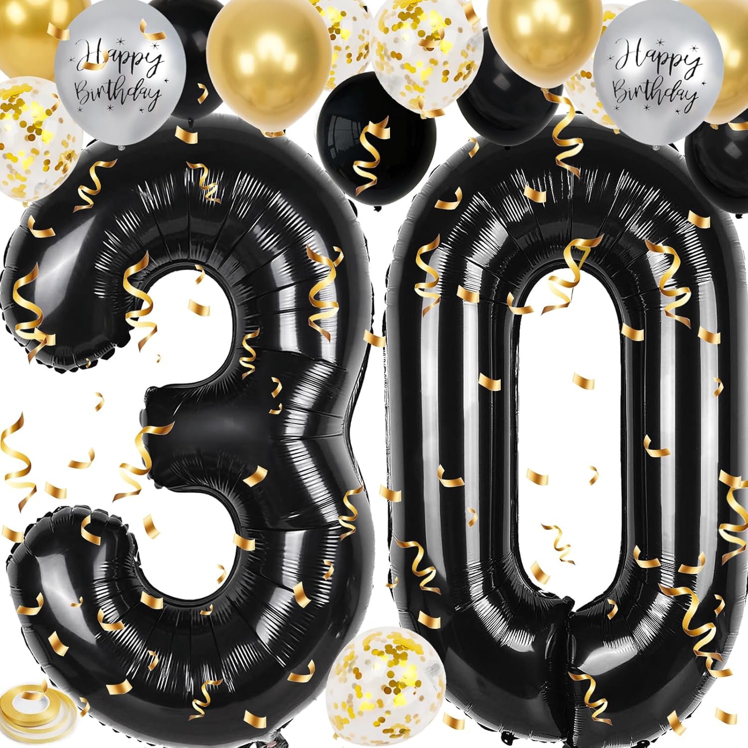 Skiennix 30th Birthday Decorations - 40-Inch Number Balloons & 18 Pcs 12-Inch Balloons for Men & Women