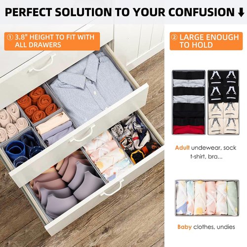 Criusia Drawer Organizers - 15 Pack Foldable Fabric Storage Bins for Clothing & Baby Clothes | Grey