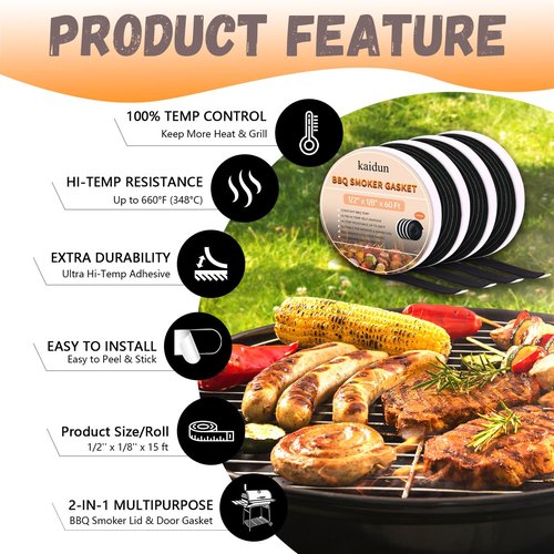 kaidun 60 Ft 1/2" x 1/8" High Heat BBQ Smoker Gasket, Black Self Stick Grill Seal Tape, Charcoal Grill Sealer, Smoker Door & Lid Gasket Adhesive Sealing Tape for Barbecue Replacement