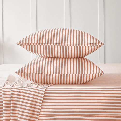JELLYMONI 100% Cotton Bed Sheets Set – Pink and White Stripes, Twin Size, Soft Bedding with Deep Pocket Fitted Sheet, Flat Sheet & Pillowcase